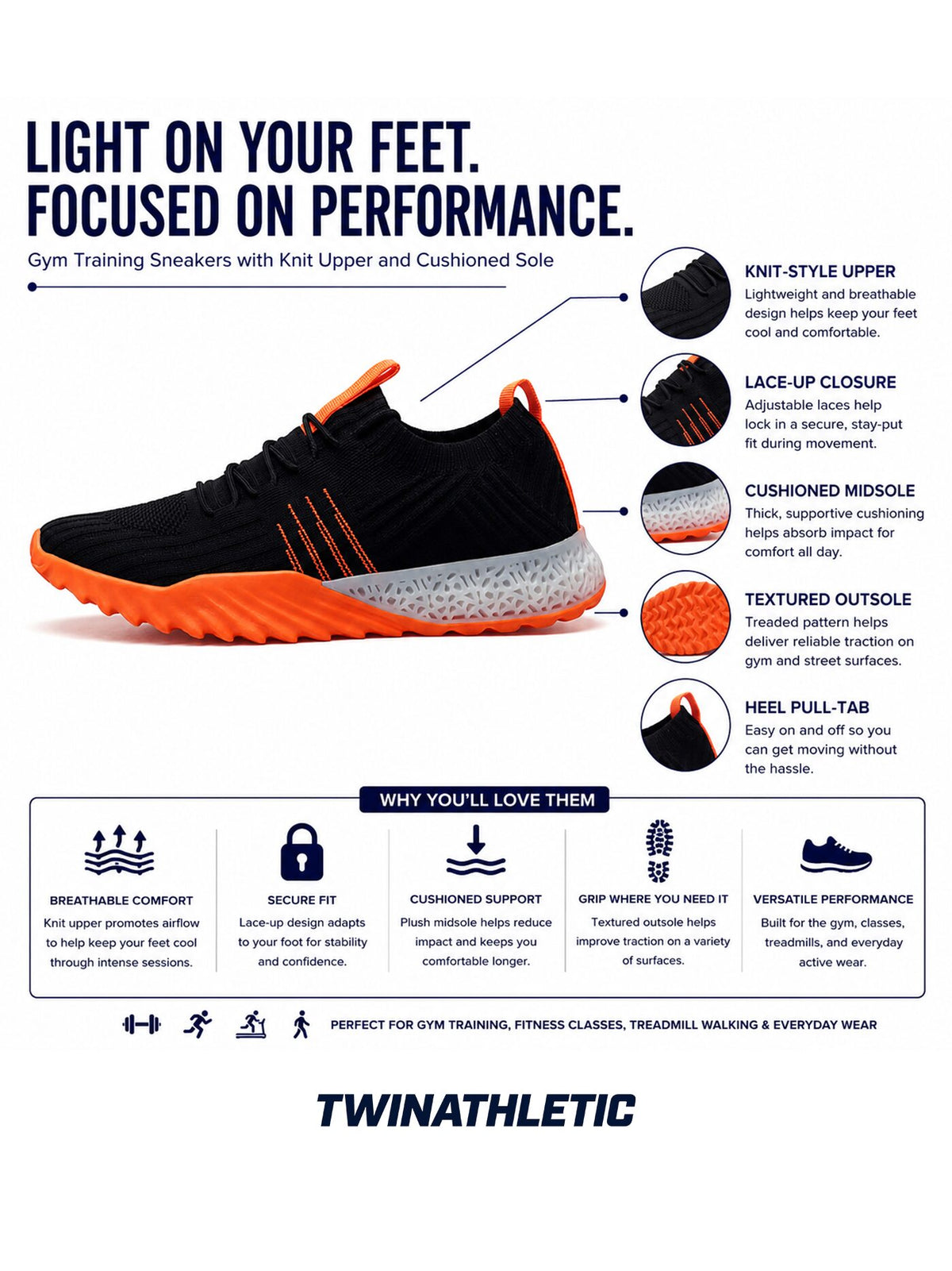 Gym Training Sneakers with Knit Upper and Cushioned Sole