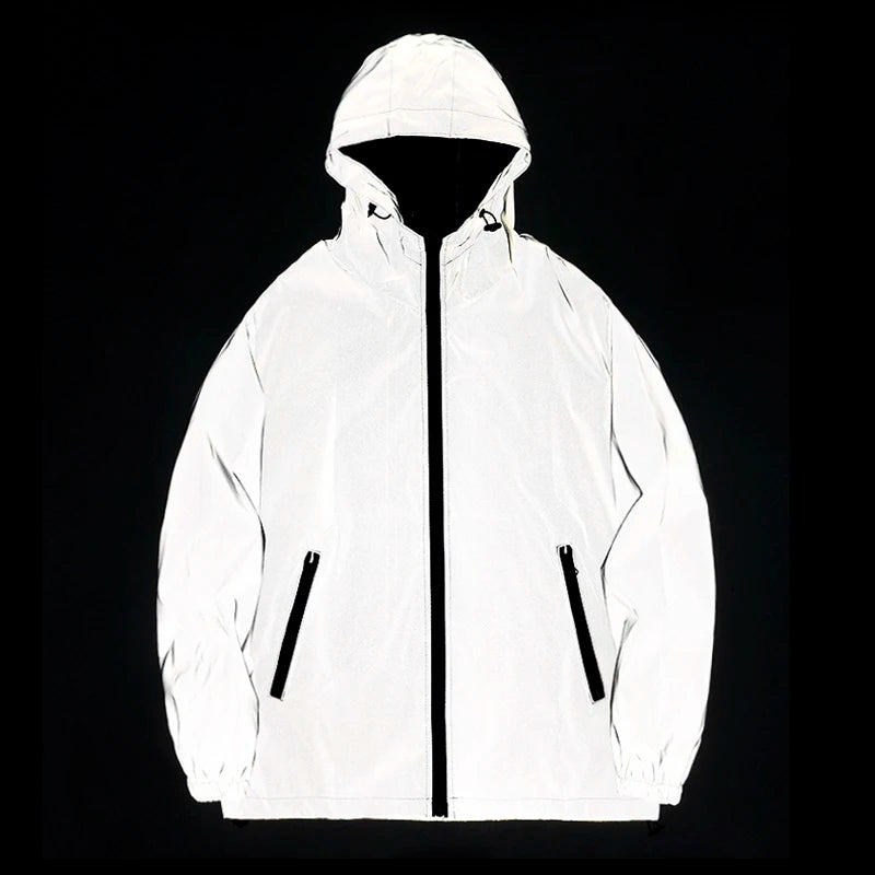 Night Reflective Hooded Windbreaker Jacket with Zip Pockets