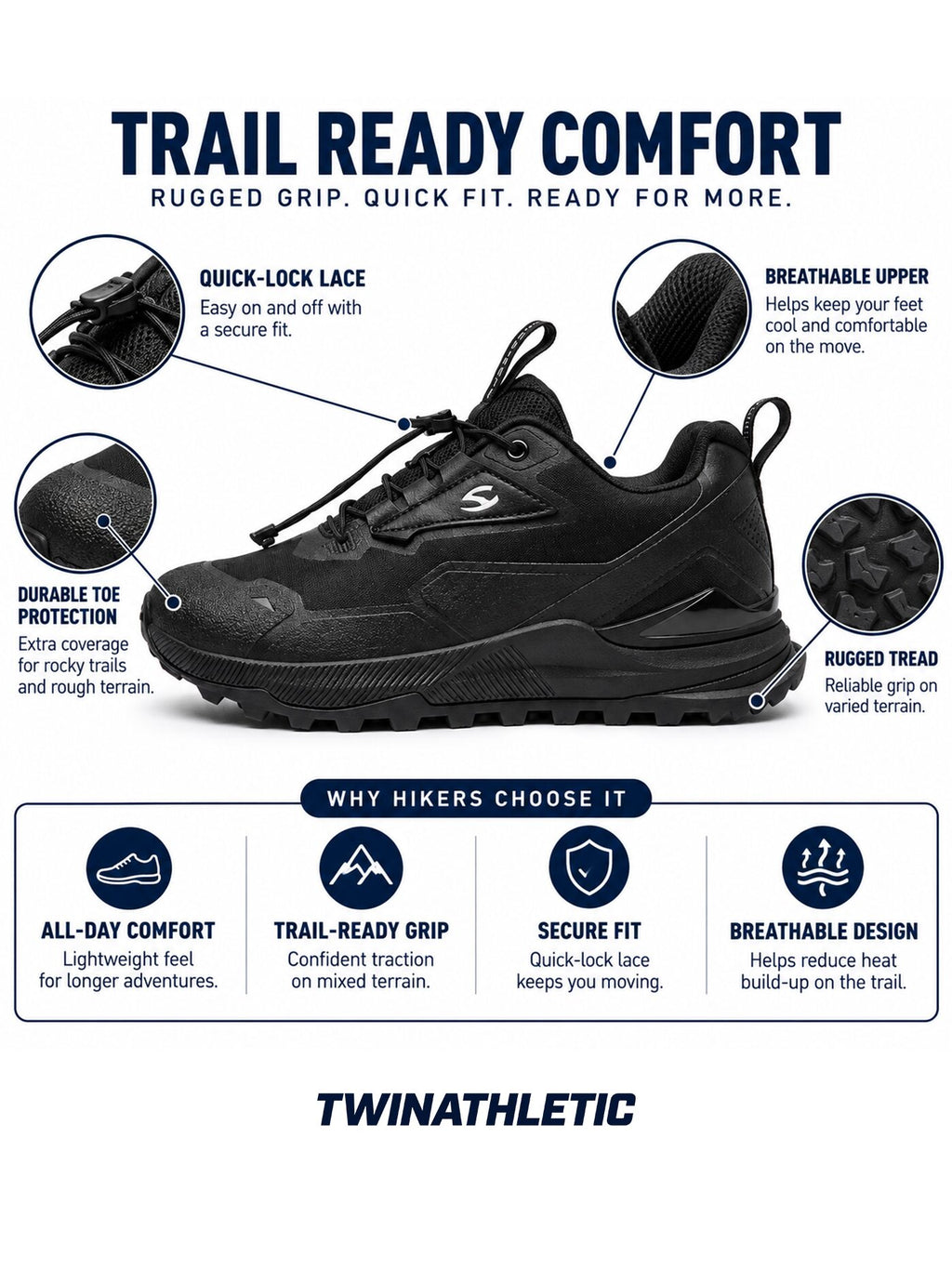 Hiking Sneakers with Quick-Lock Lace and Rugged Tread