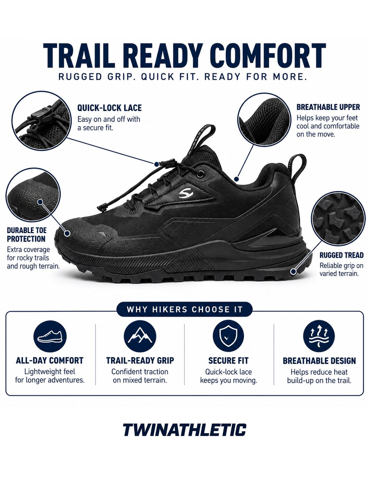 Hiking Sneakers with Quick-Lock Lace and Rugged Tread