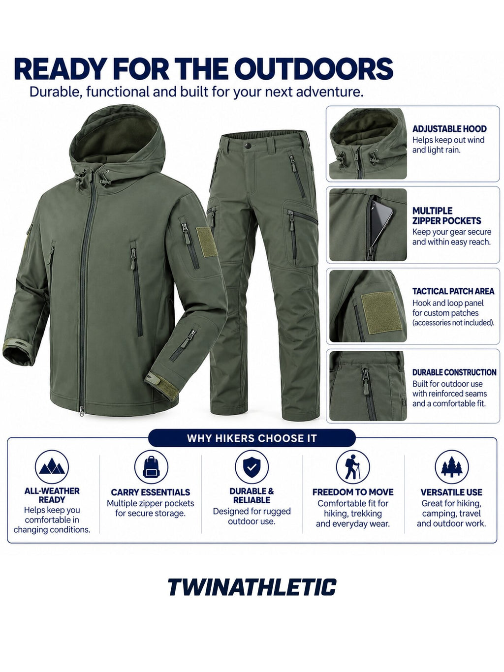 Hooded Hiking Jacket and Pants with Multiple Zipper Pockets