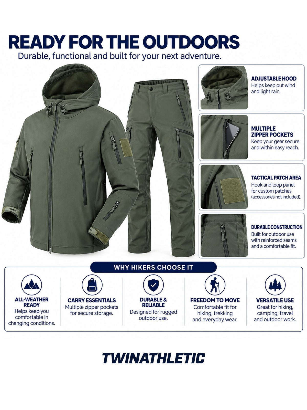 Hooded Hiking Jacket and Pants with Multiple Zipper Pockets