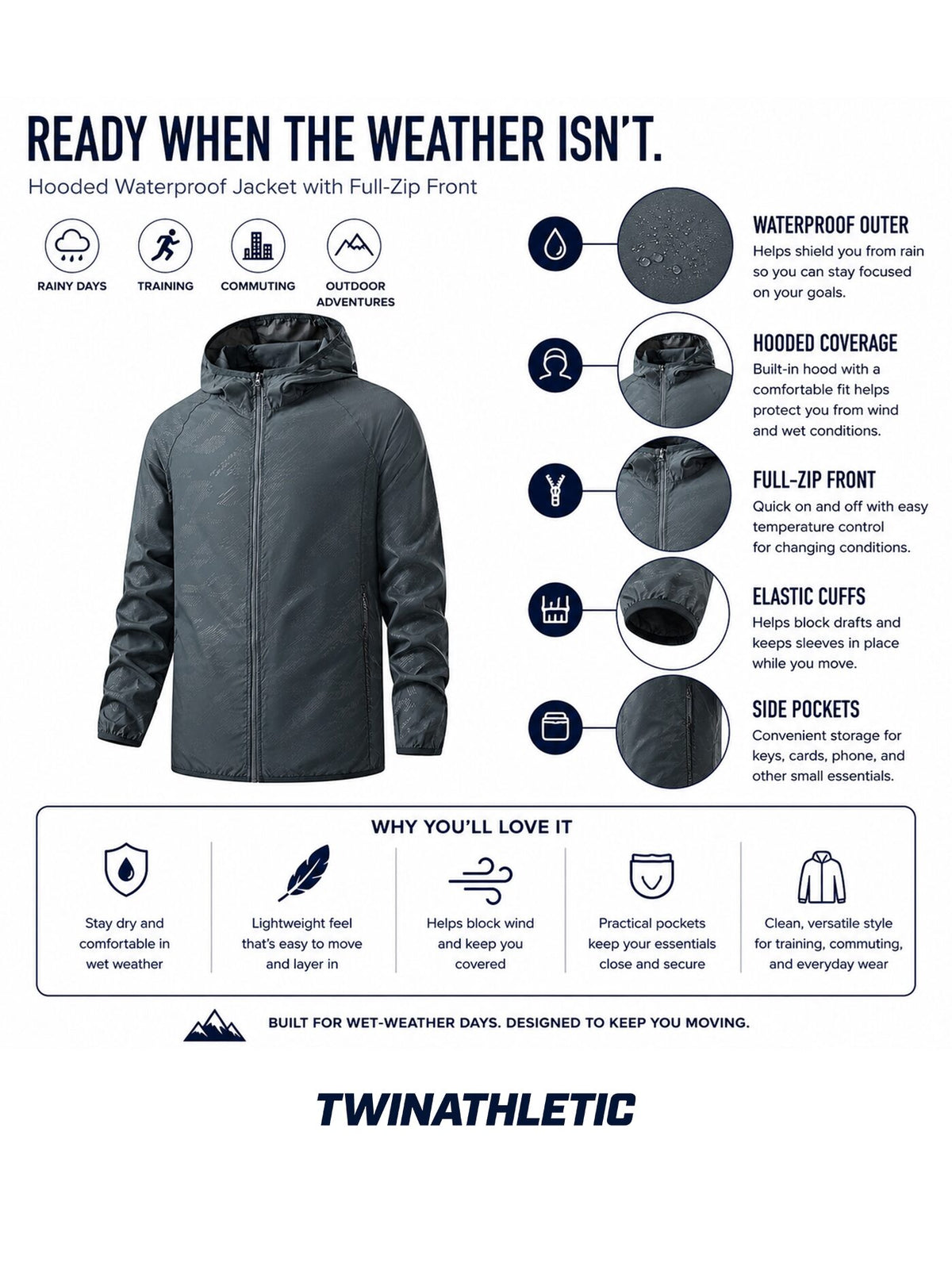 Hooded Waterproof Jacket with Full-Zip Front