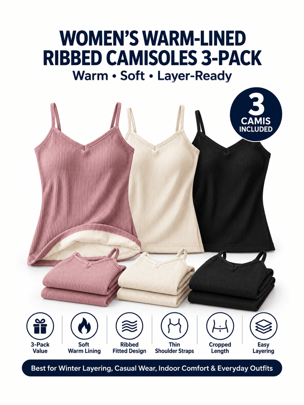 Women's Warm-Lined Ribbed Camisoles 3-Pack