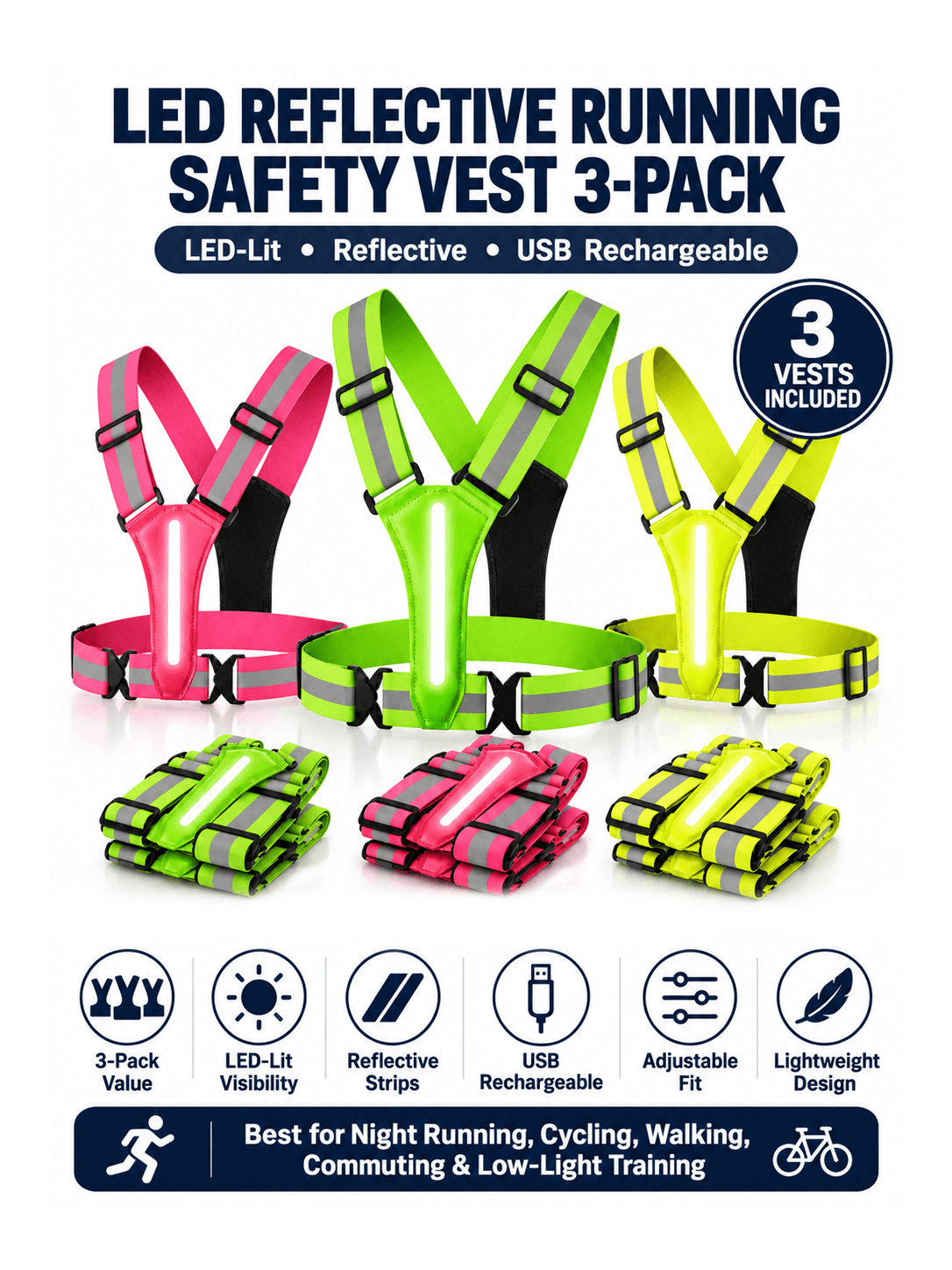 LED Reflective Running Safety Vest 3-Pack - USB Rechargeable