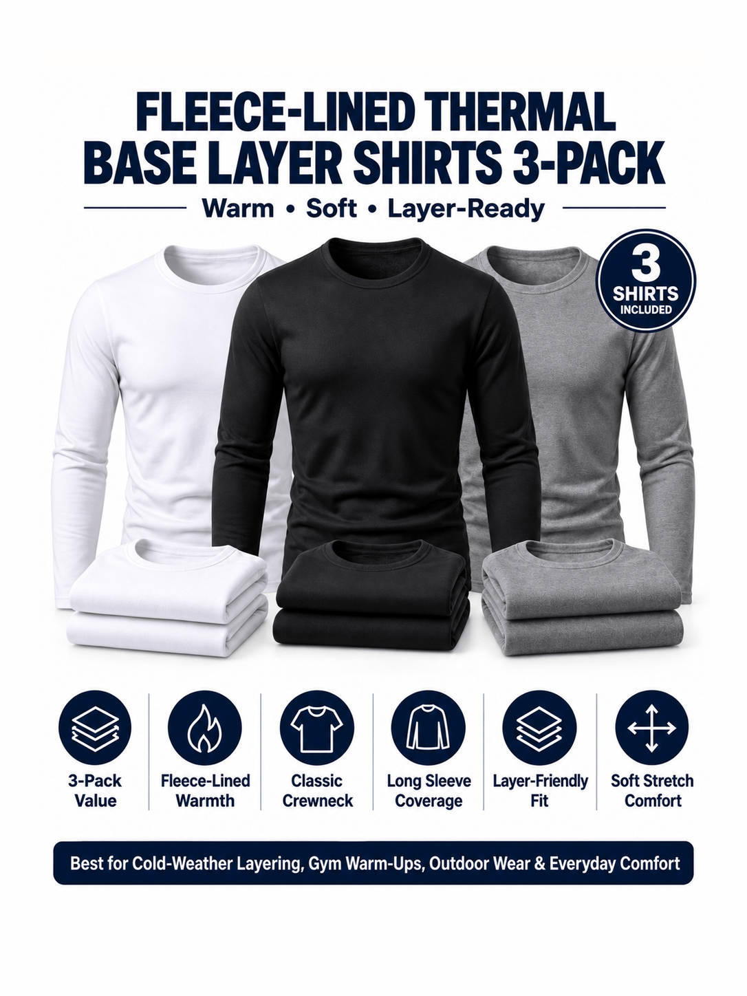 Fleece-Lined Thermal Crewneck Base Layer Shirts 3-Pack