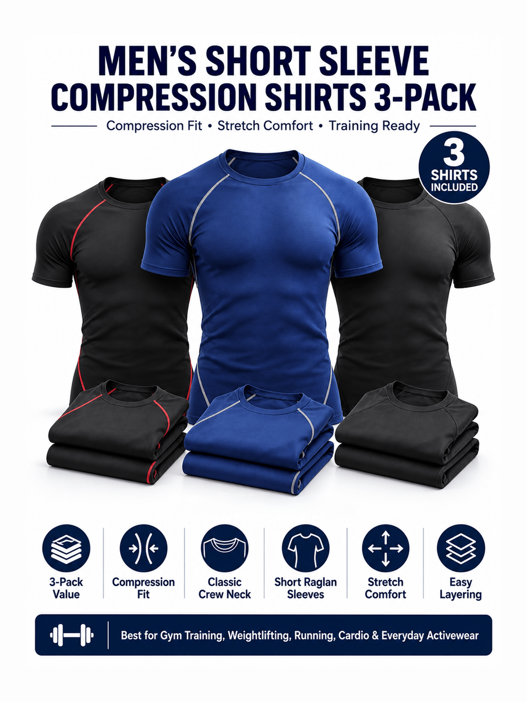 Men's Short Sleeve Compression Shirts 3-Pack