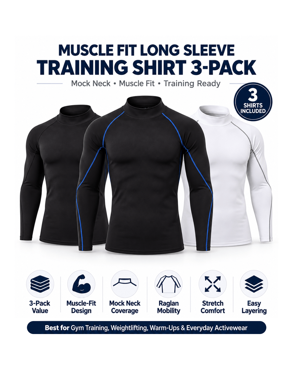 Muscle Fit Long Sleeve Training Shirt 3-Pack - Mock Neck