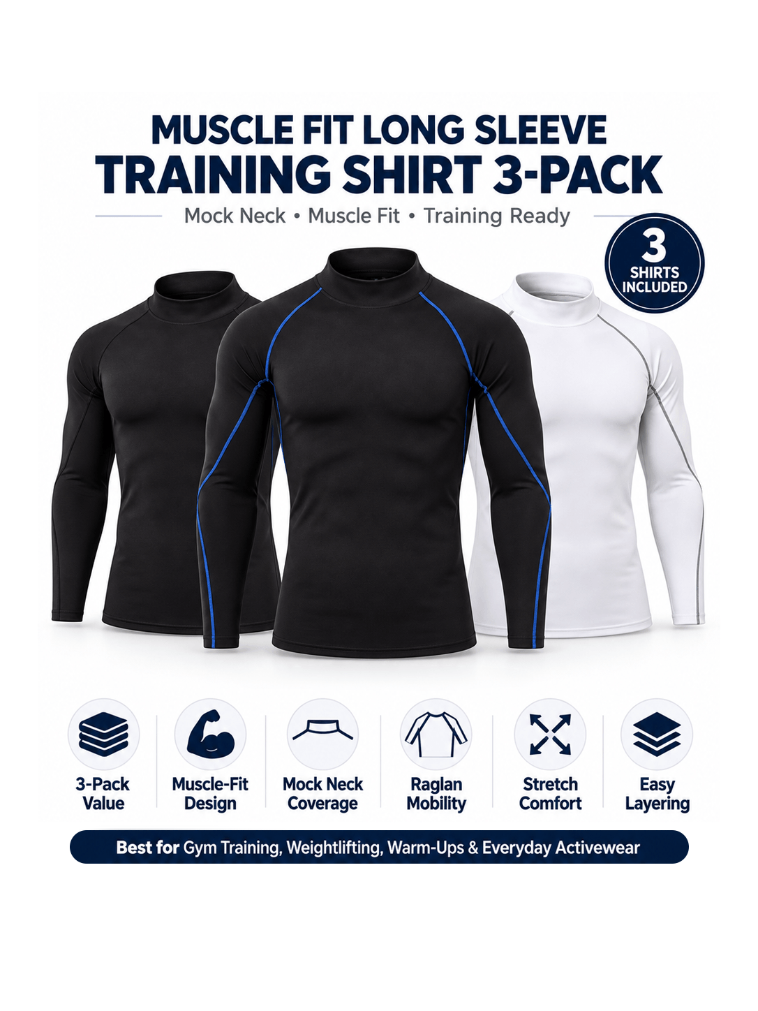 Muscle Fit Long Sleeve Training Shirt 3-Pack - Mock Neck