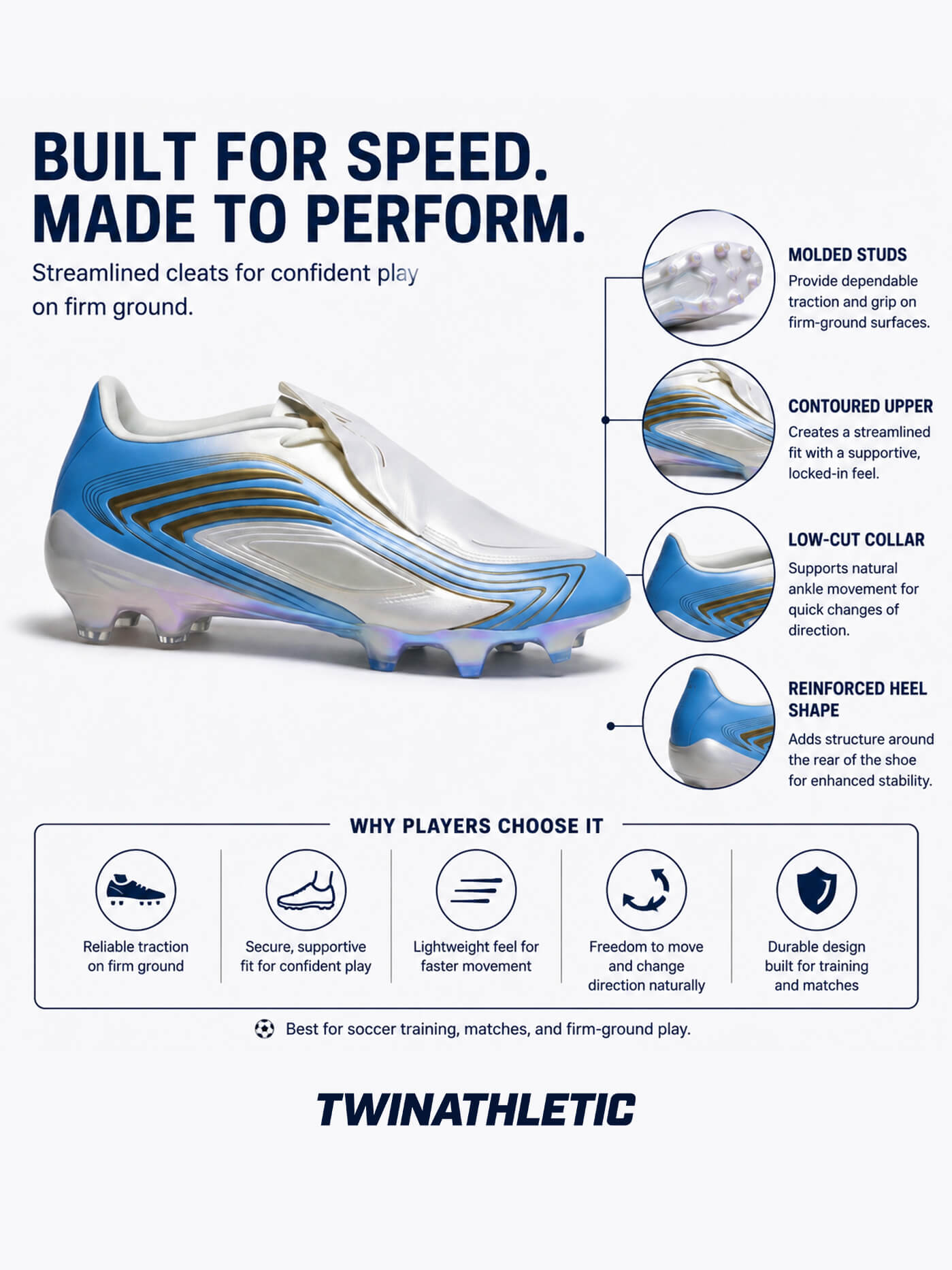 Streamlined Soccer Cleats with Molded Stud Outsole