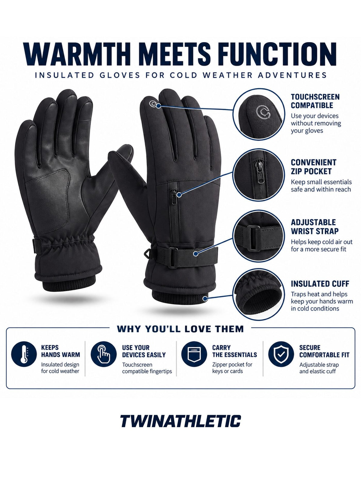 Insulated Winter Gloves with Wrist Strap and Pocket