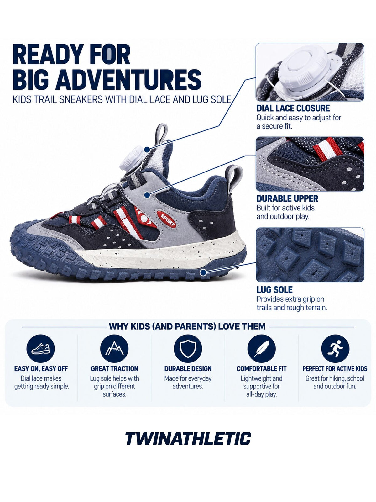 Kids Trail Sneakers with Dial Lace and Lug Sole