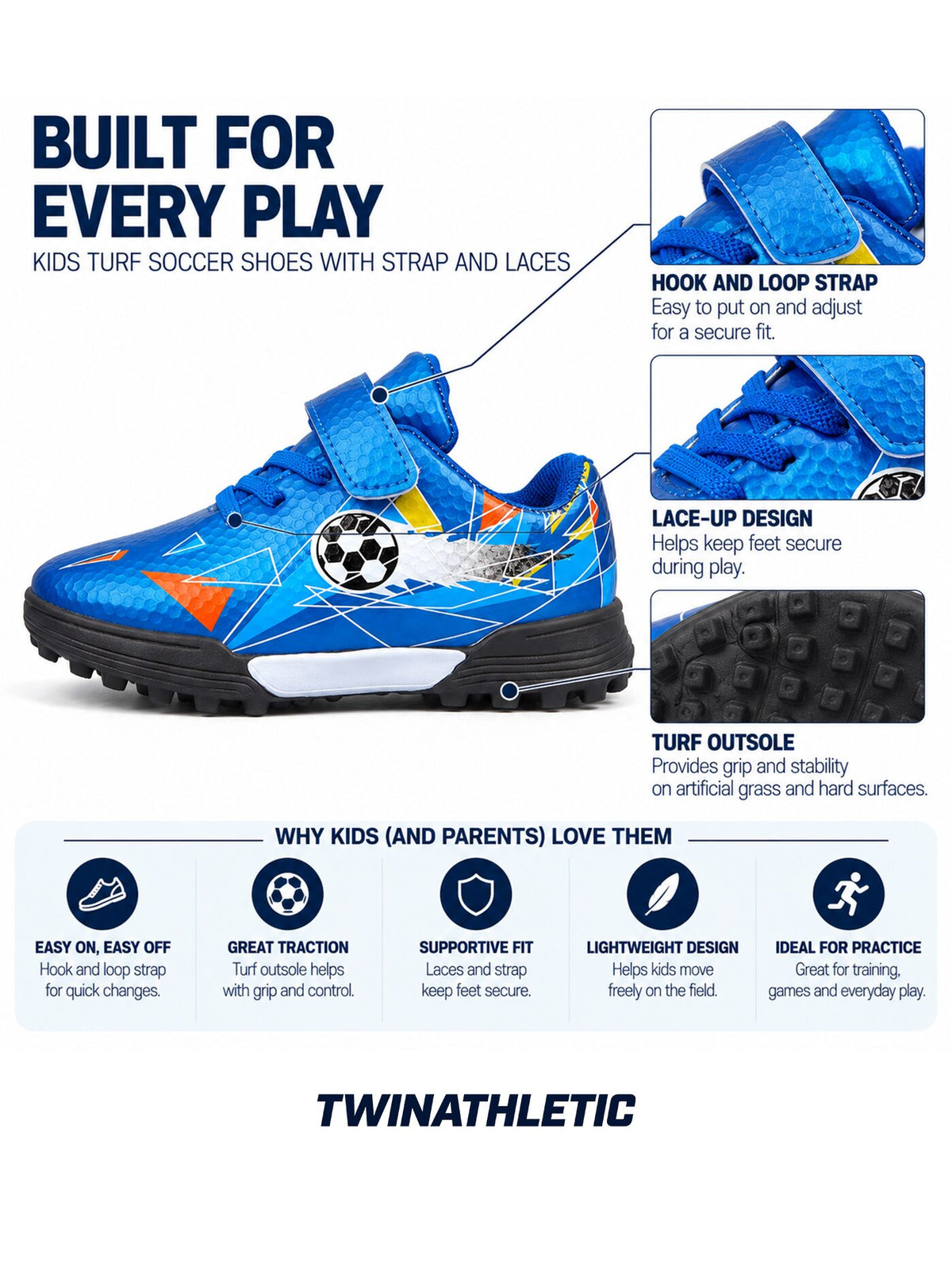 Kids Turf Soccer Shoes with Strap and Laces