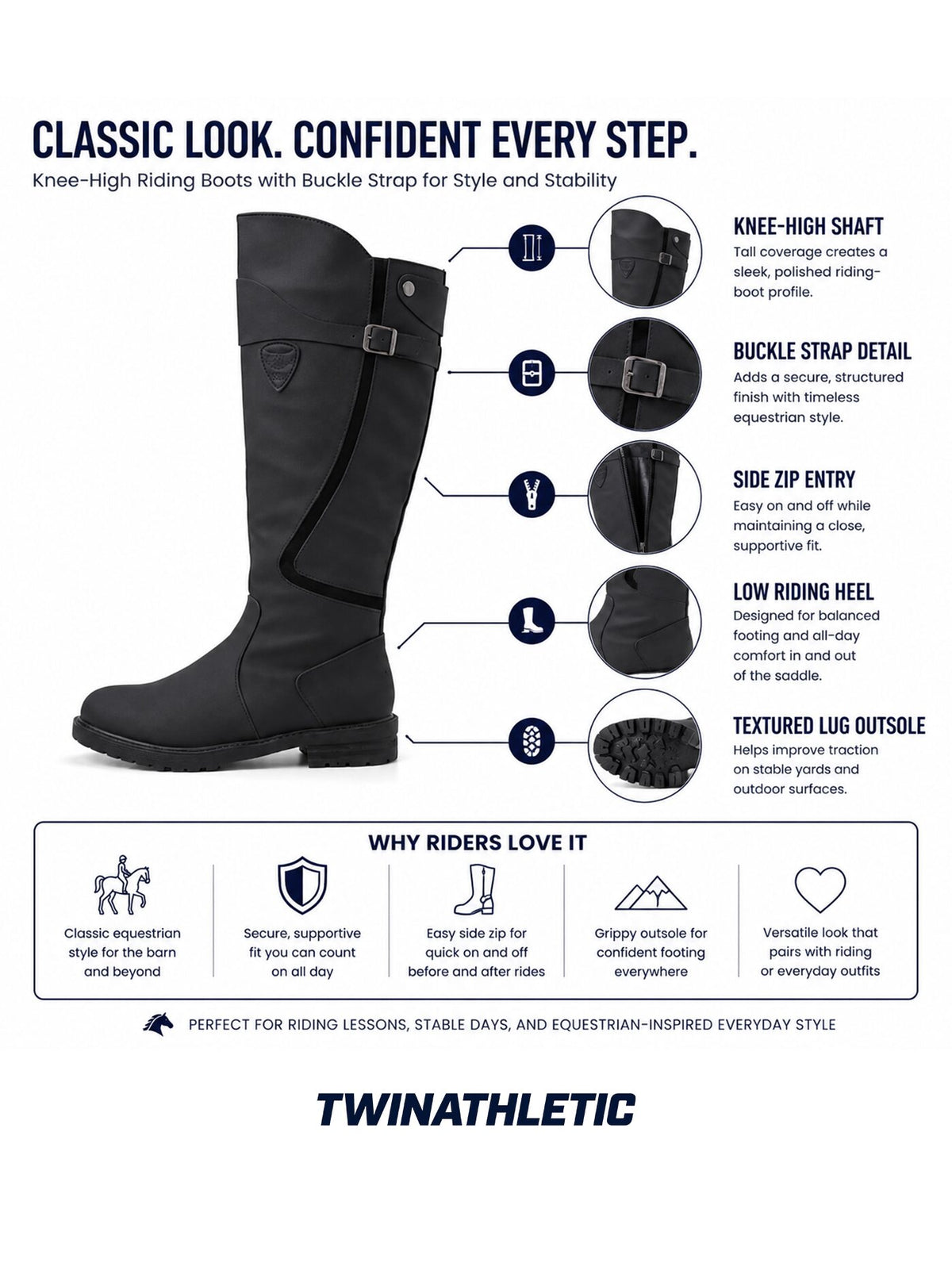 Knee-High Equestrian Riding Boots with Buckle Strap