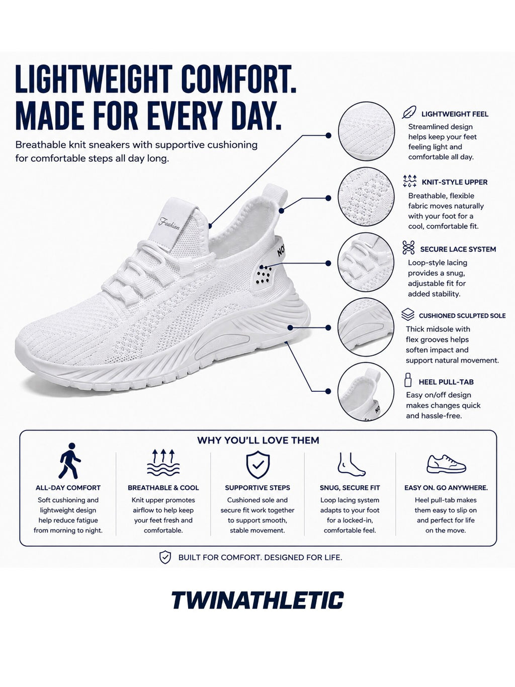 Lightweight Knit Walking Sneakers with Heel Pull-Tab