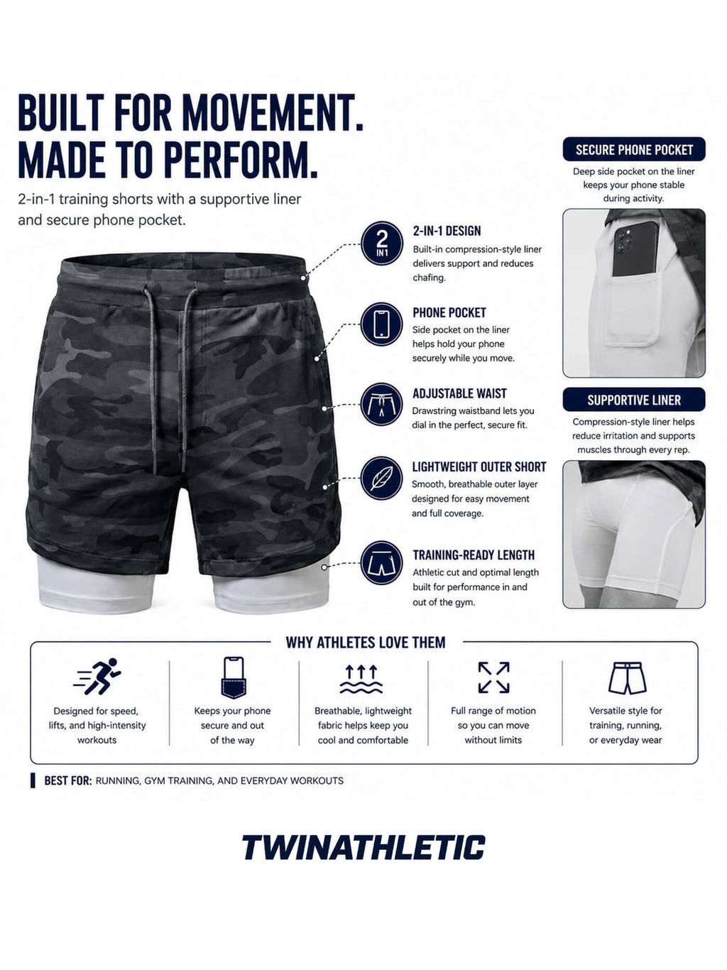 Men's 2-in-1 Training Shorts with Phone Pocket