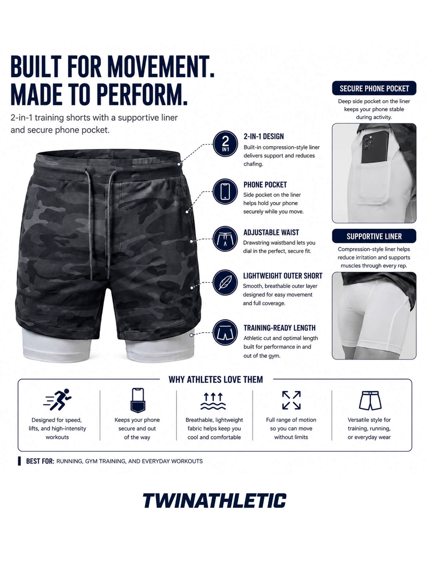Men's 2-in-1 Training Shorts with Phone Pocket