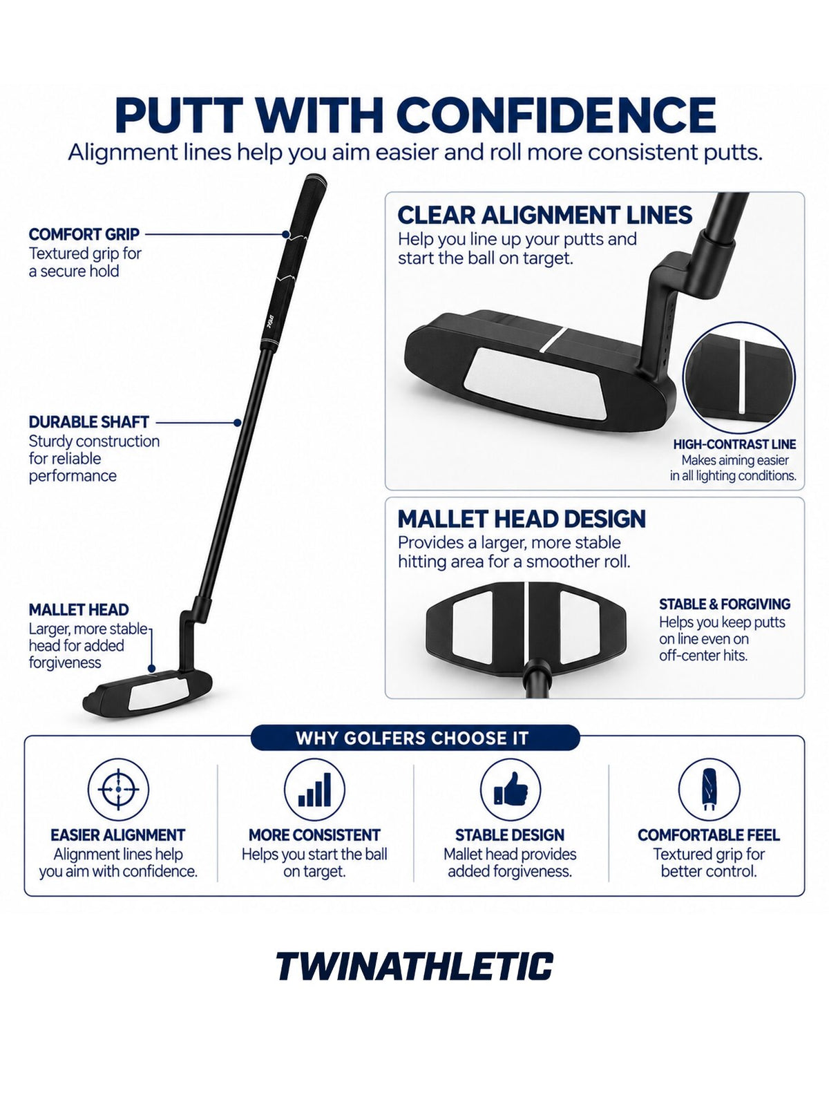 Men’s Golf Putter with Alignment Lines and Mallet Head