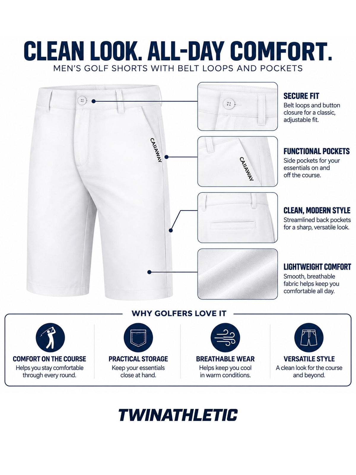 Men’s Golf Shorts with Belt Loops and Pockets