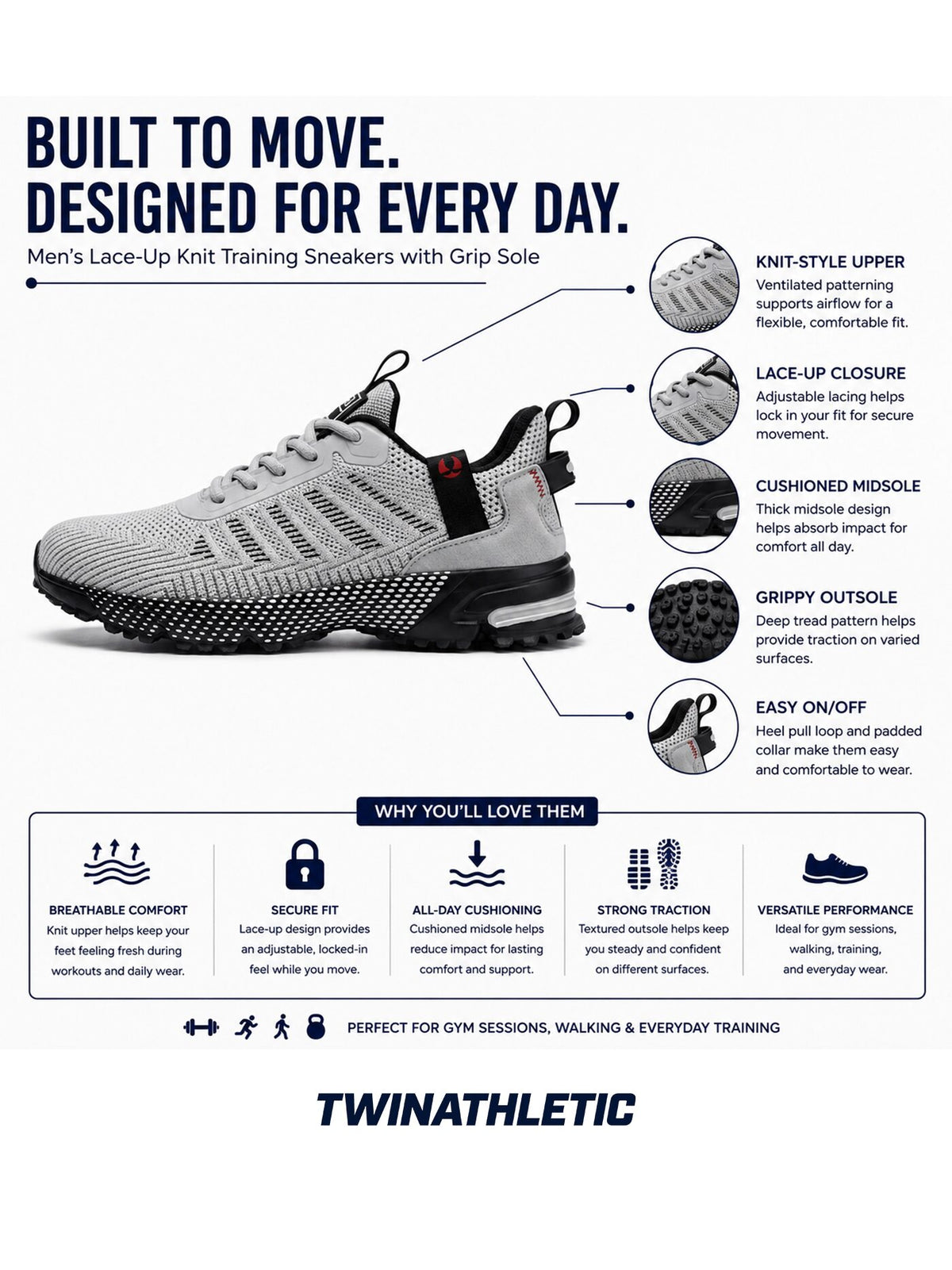 Men’s Lace-Up Knit Training Sneakers with Grip Sole