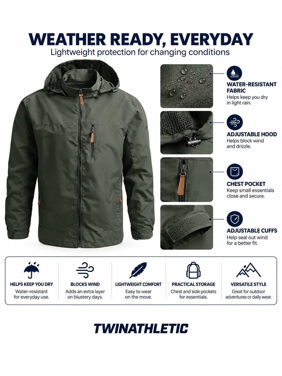 Men's Waterproof Hooded Windbreaker Jacket with Chest Pocket