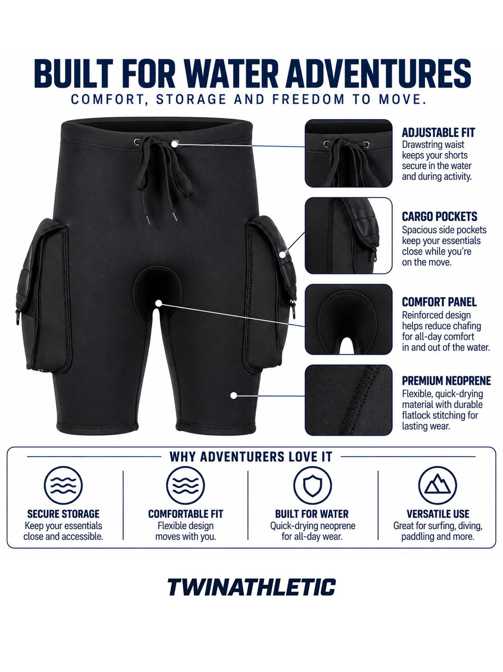 Men's Wetsuit Shorts with Cargo Pockets and Drawstring