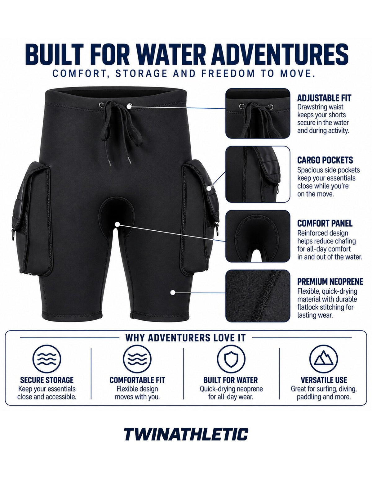 Men's Wetsuit Shorts with Cargo Pockets and Drawstring