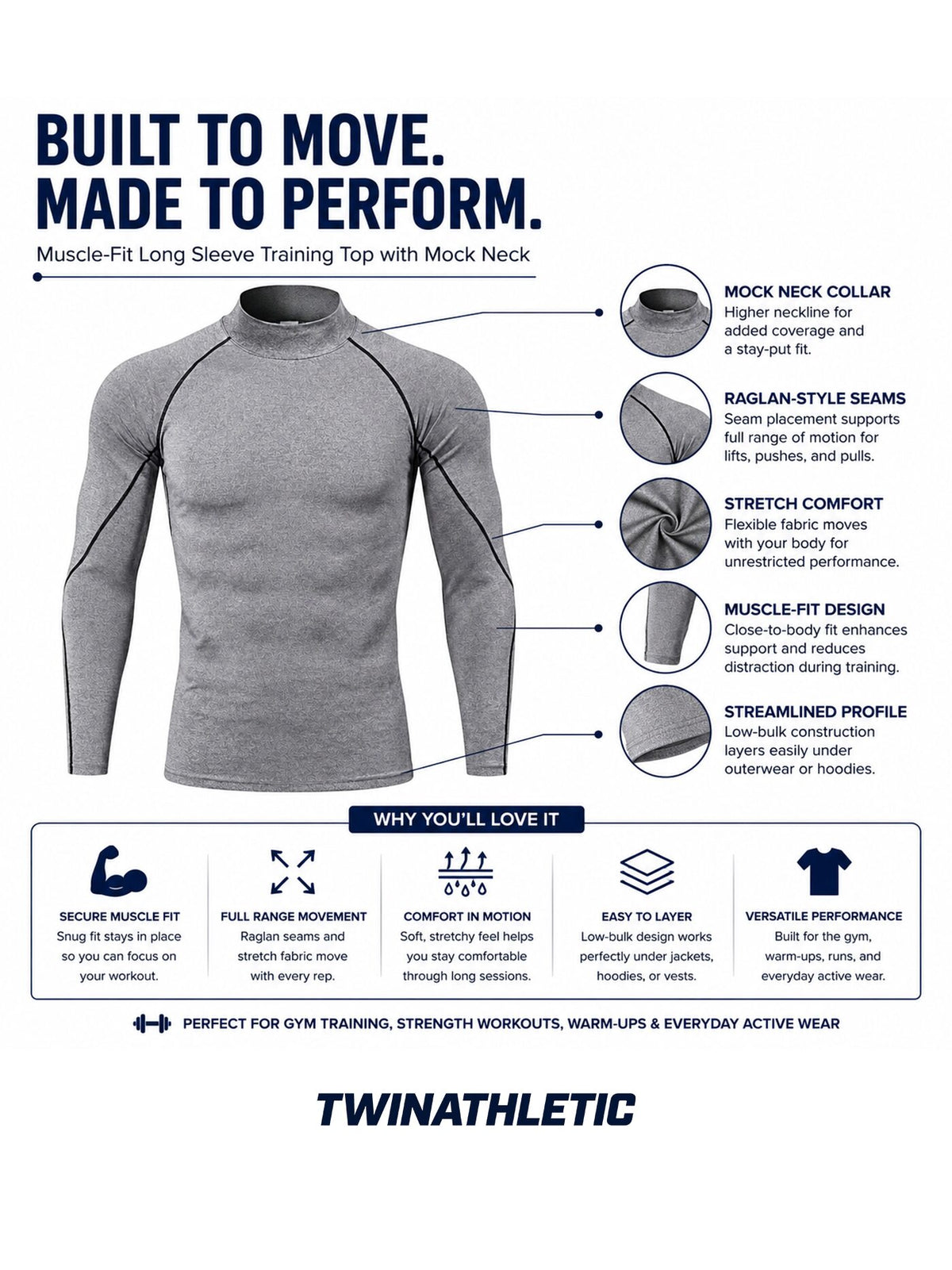 Muscle-Fit Long Sleeve Training Top with Mock Neck