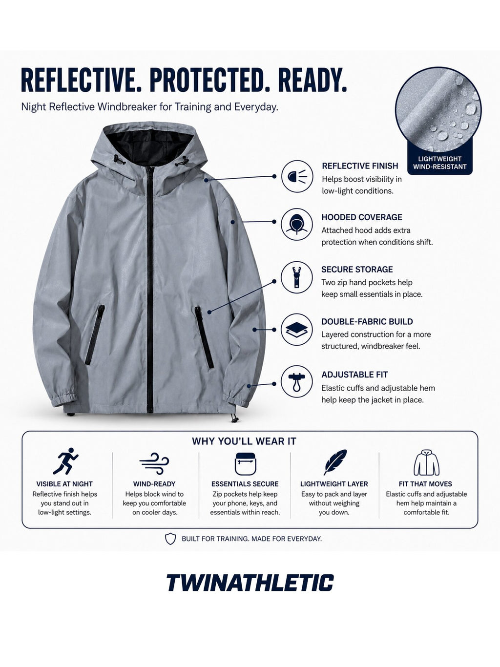 Night Reflective Hooded Windbreaker Jacket with Zip Pockets