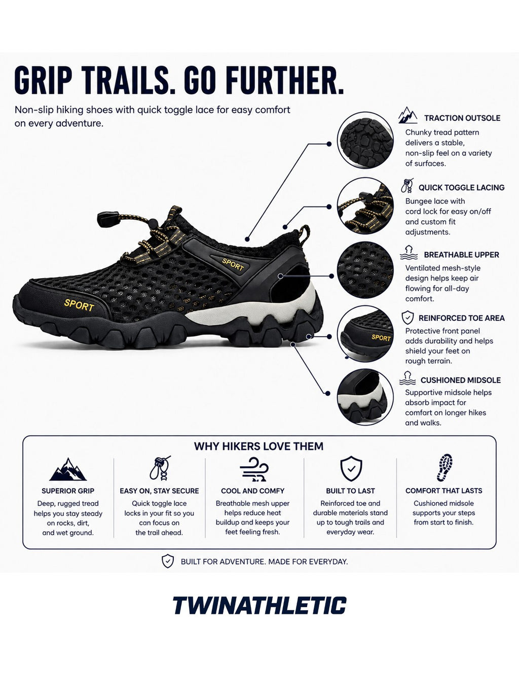 Non-Slip Hiking Shoes with Quick Toggle Lace