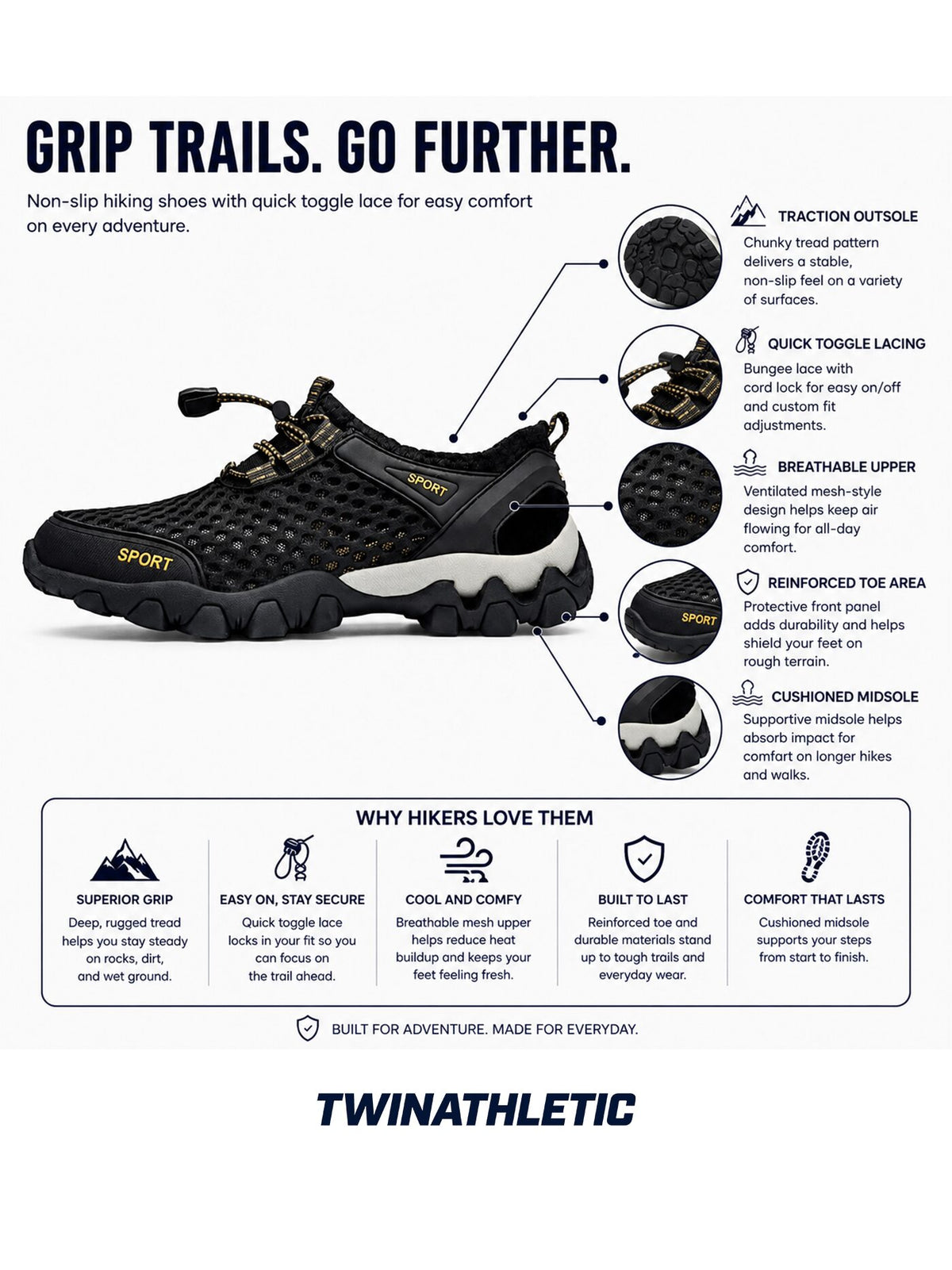 Non-Slip Hiking Shoes with Quick Toggle Lace