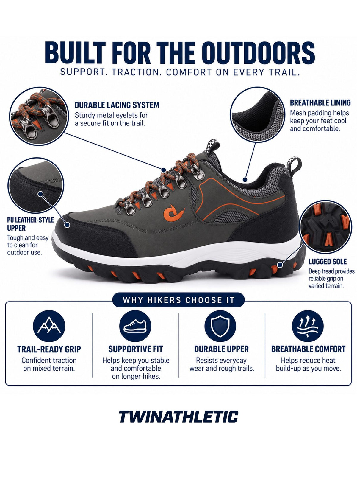 Outdoor Hiking Shoes with PU Leather-Style Upper and Lugged Sole