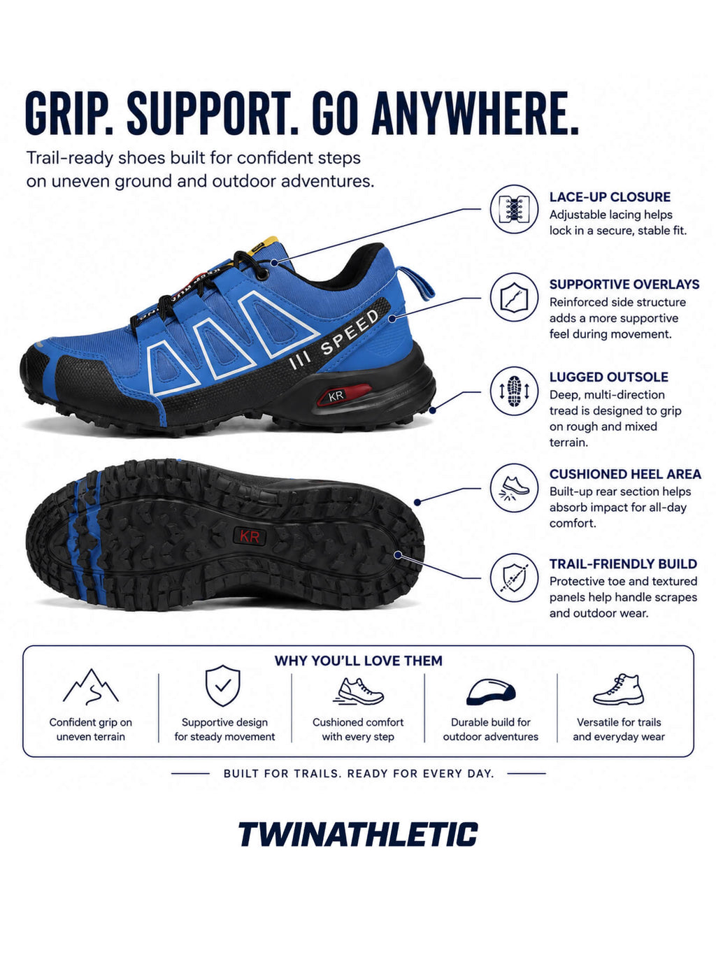Outdoor Trail Shoes with Lugged Grip Sole
