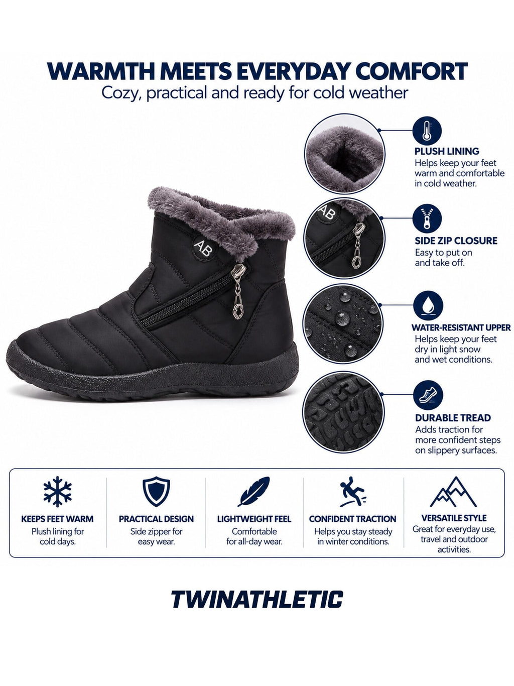 Plush-Lined Zip Winter Ankle Boots with Tread