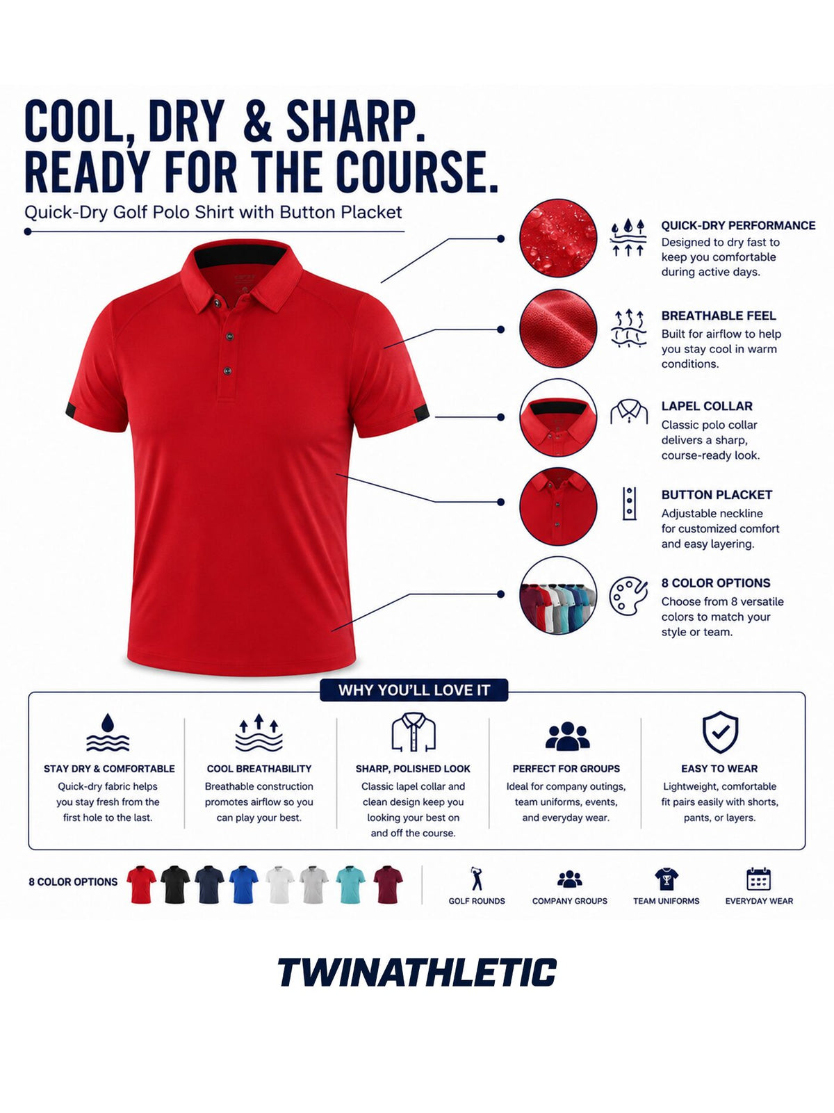 Quick-Dry Golf Polo Shirt with Button Placket