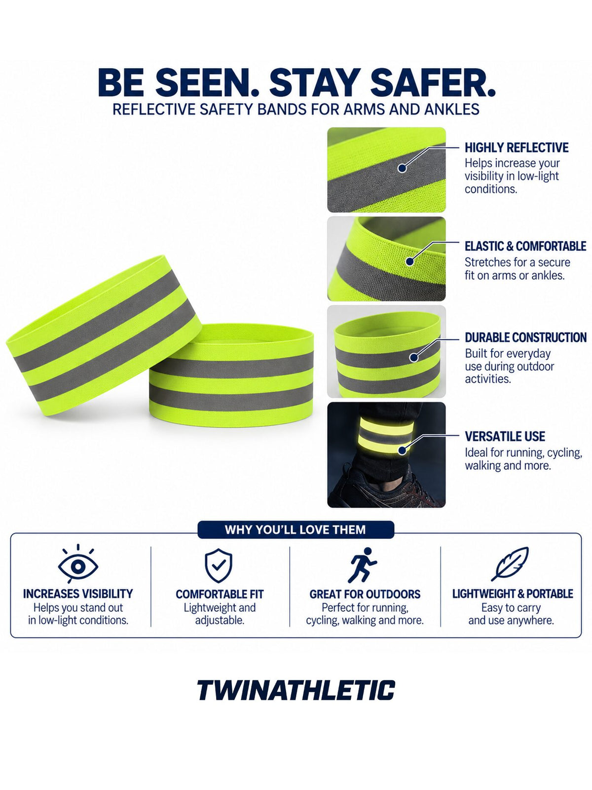 Reflective Safety Bands 2-Pack for Arms and Ankles