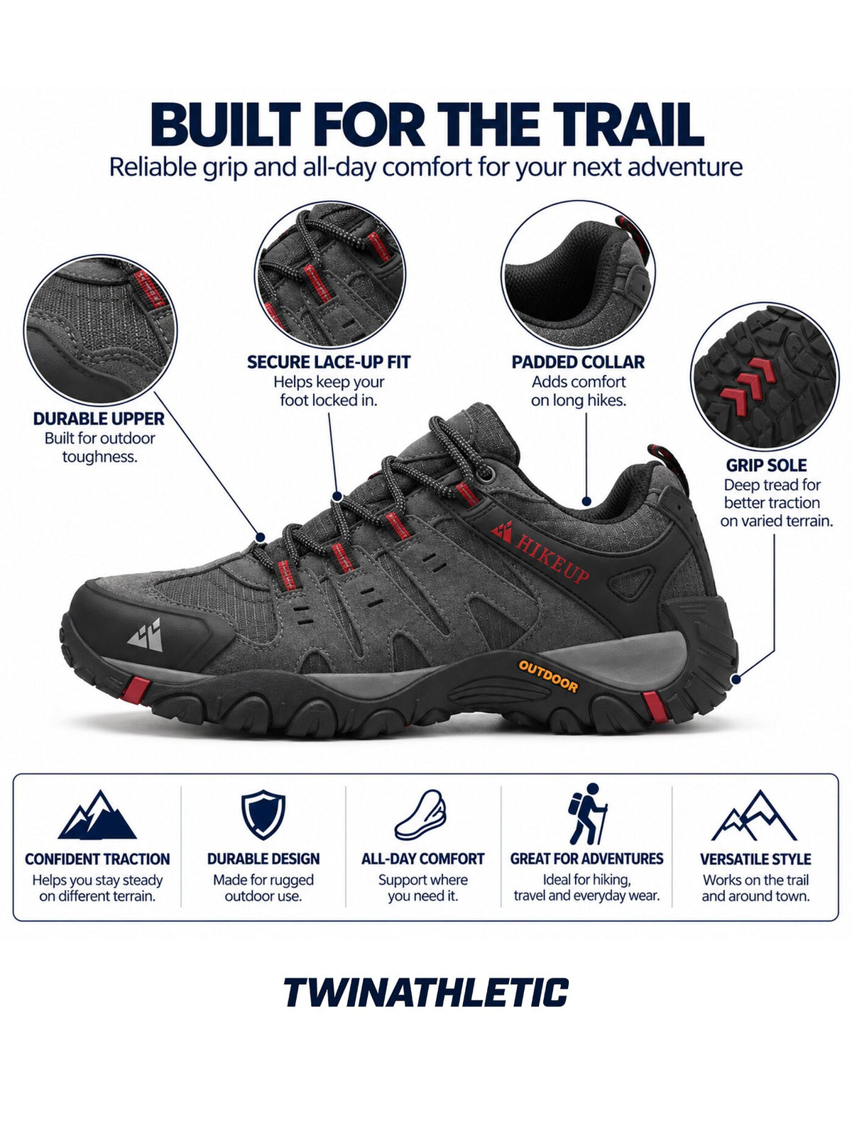 Rugged Lace-Up Outdoor Hiking Shoes with Grip Sole