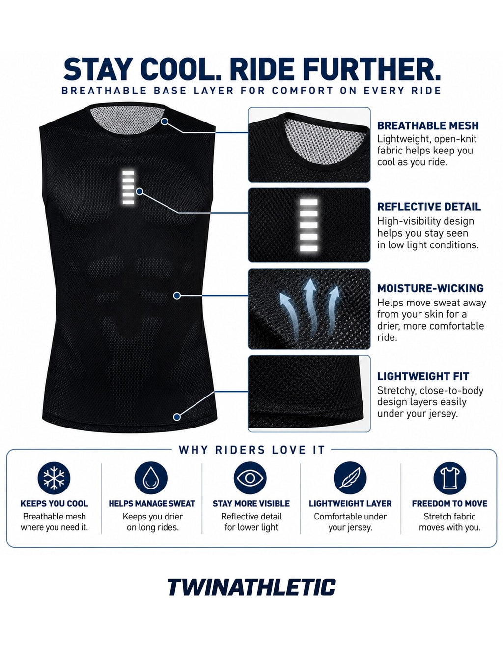 Sleeveless Reflective Cycling Base Layer with Mesh