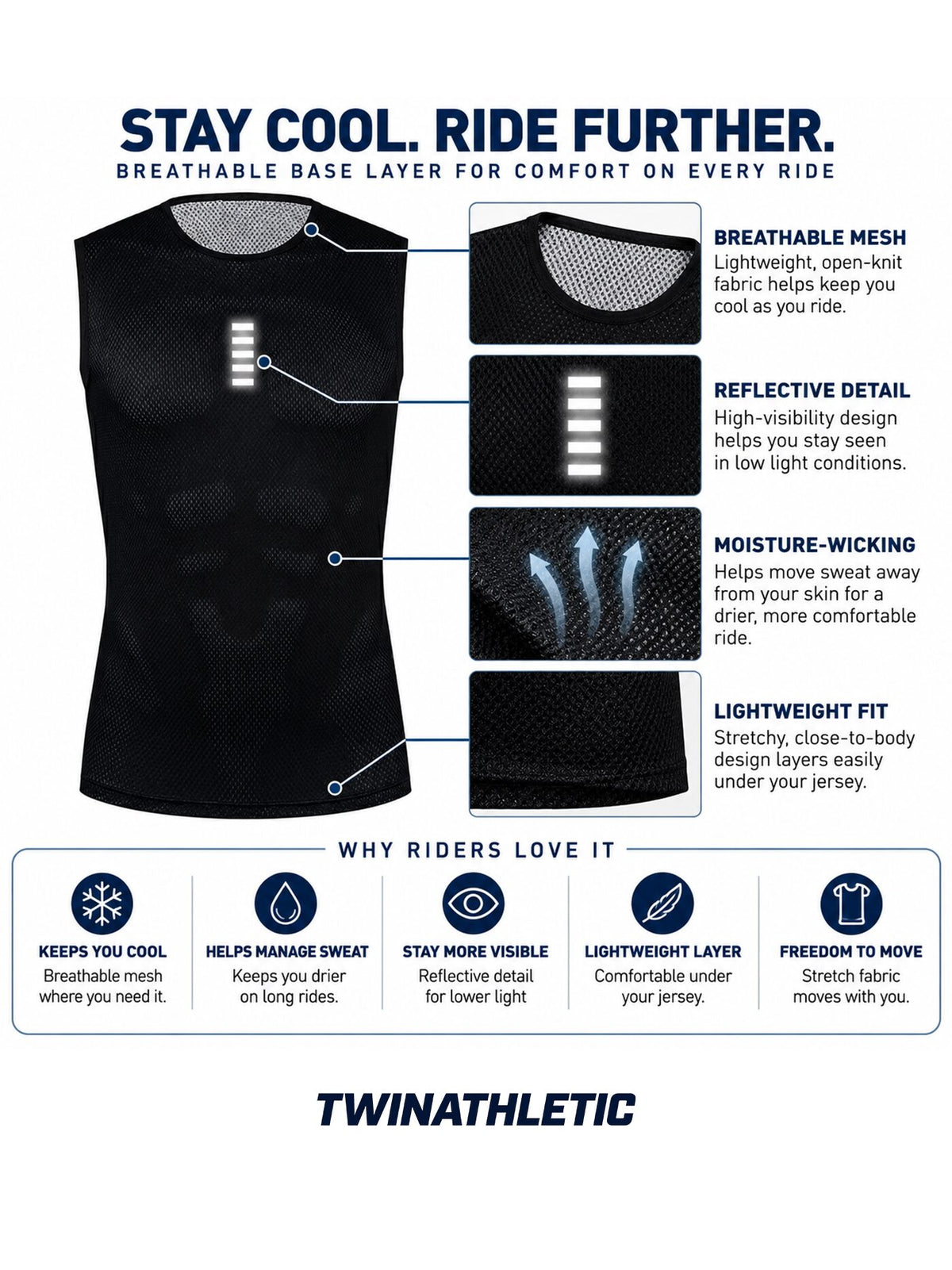 Sleeveless Reflective Cycling Base Layer with Mesh