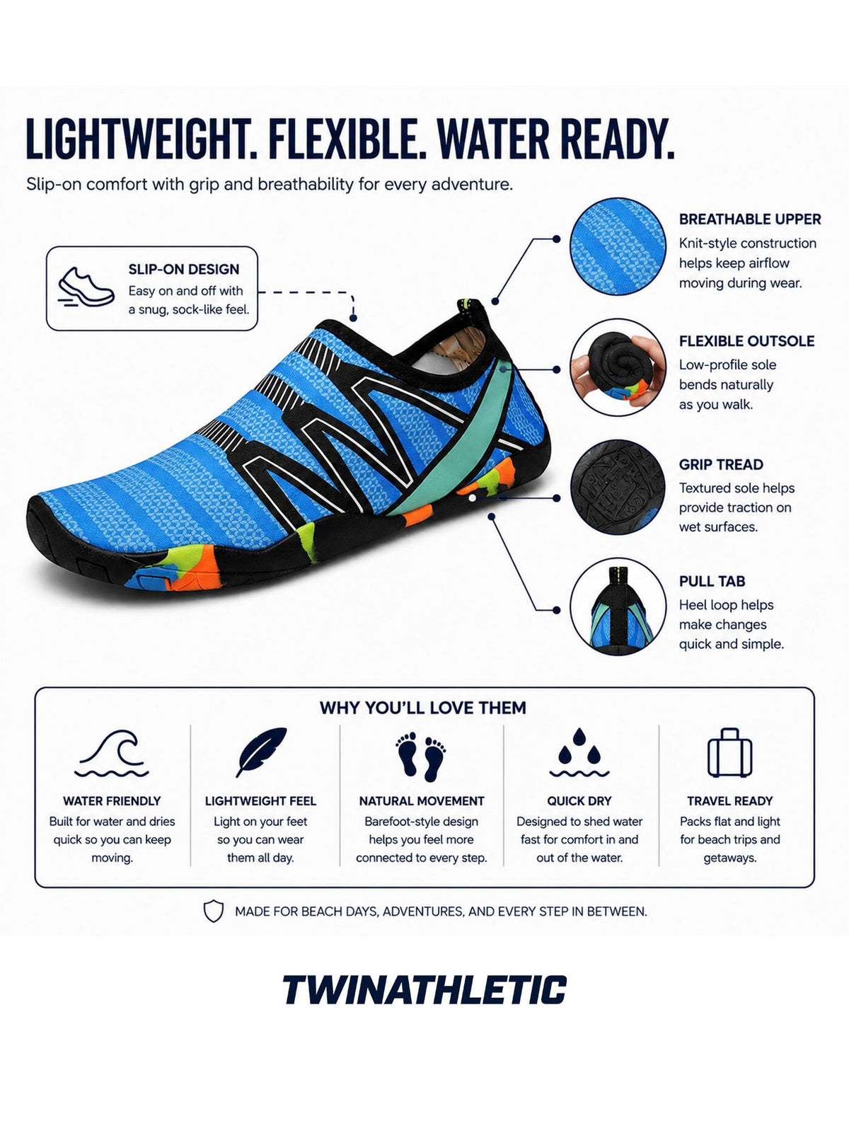 Slip-On Barefoot Water Shoes with Flexible Grip Sole