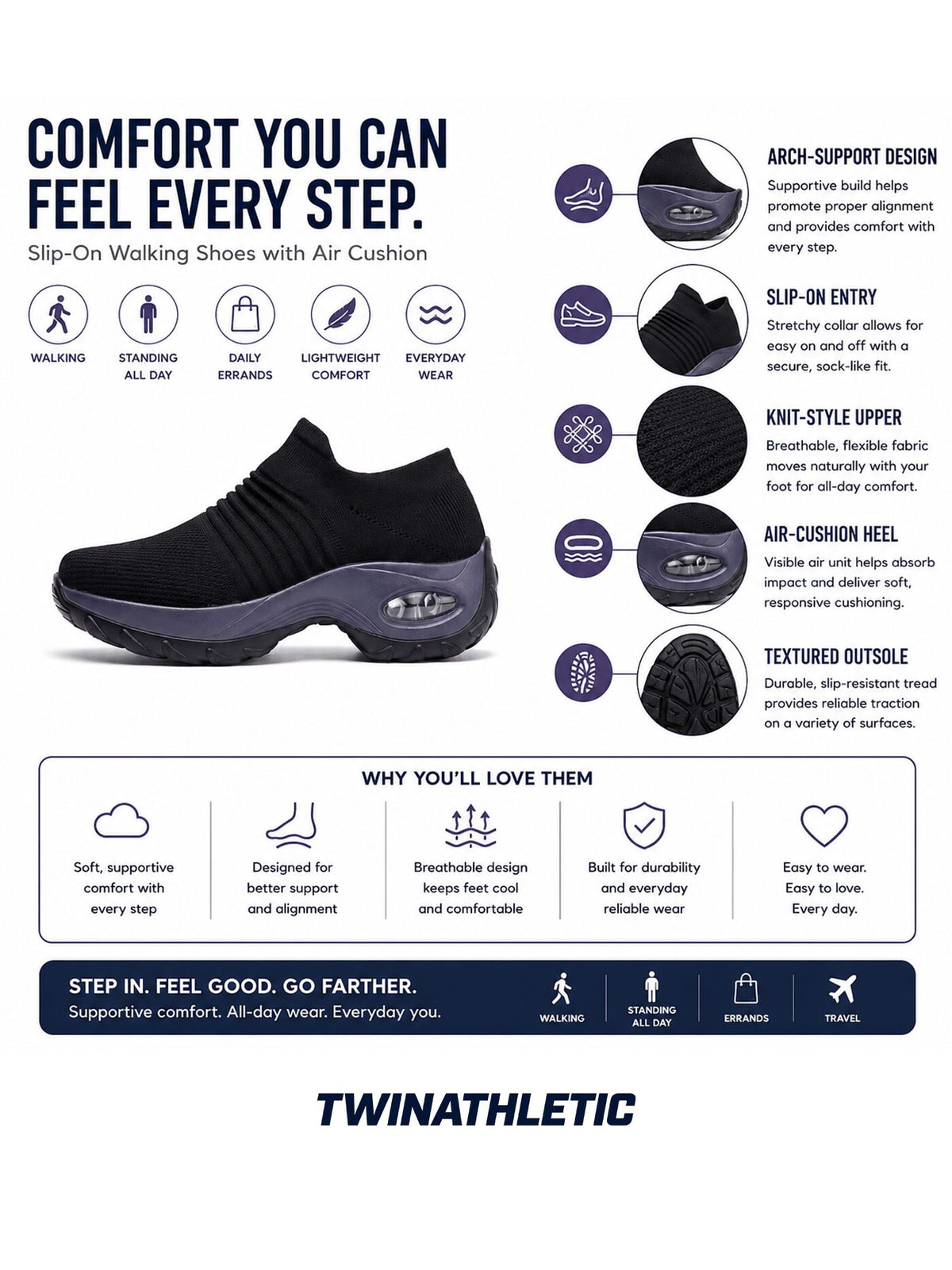 Slip-On Walking Shoes with Air Cushion