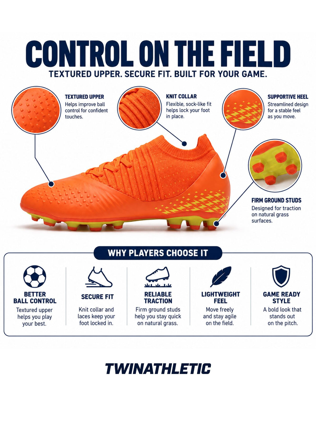 Soccer Field Cleats with Textured Upper and Studs