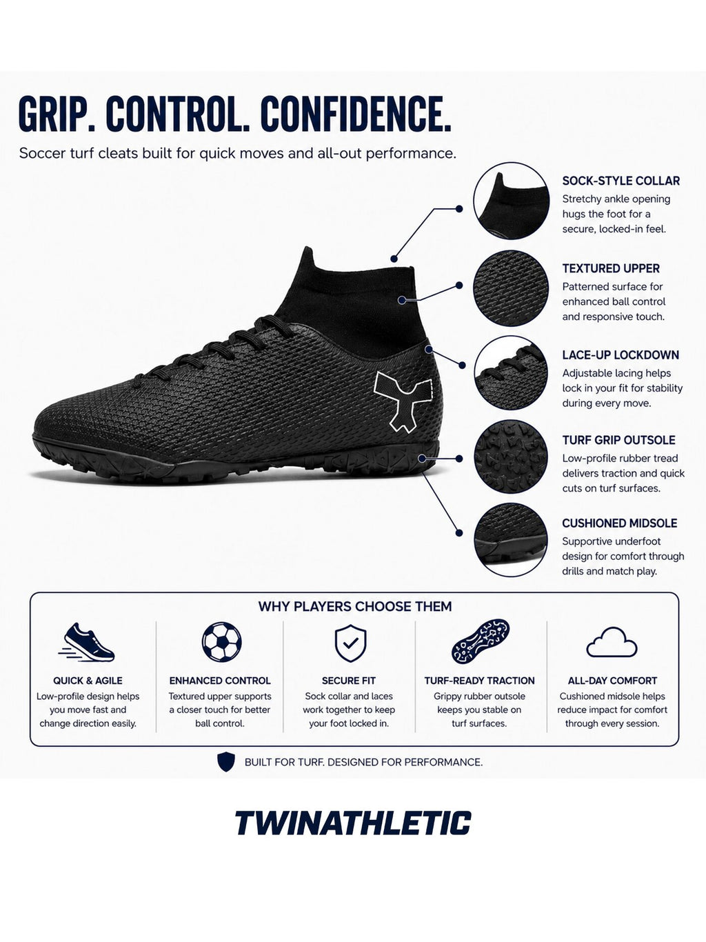 Soccer Turf Cleats with Sock Collar and Grip Sole