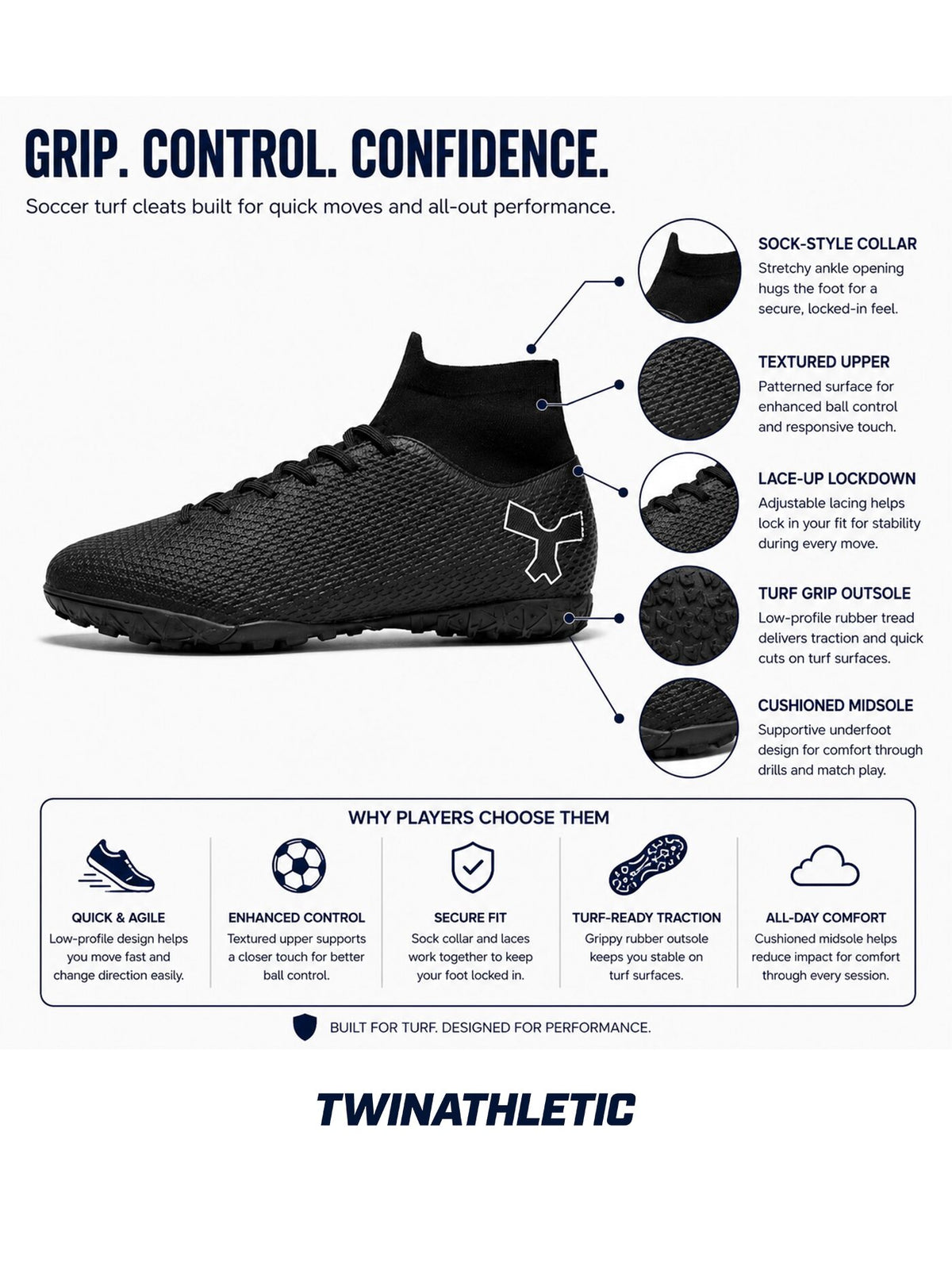 Soccer Turf Cleats with Sock Collar and Grip Sole