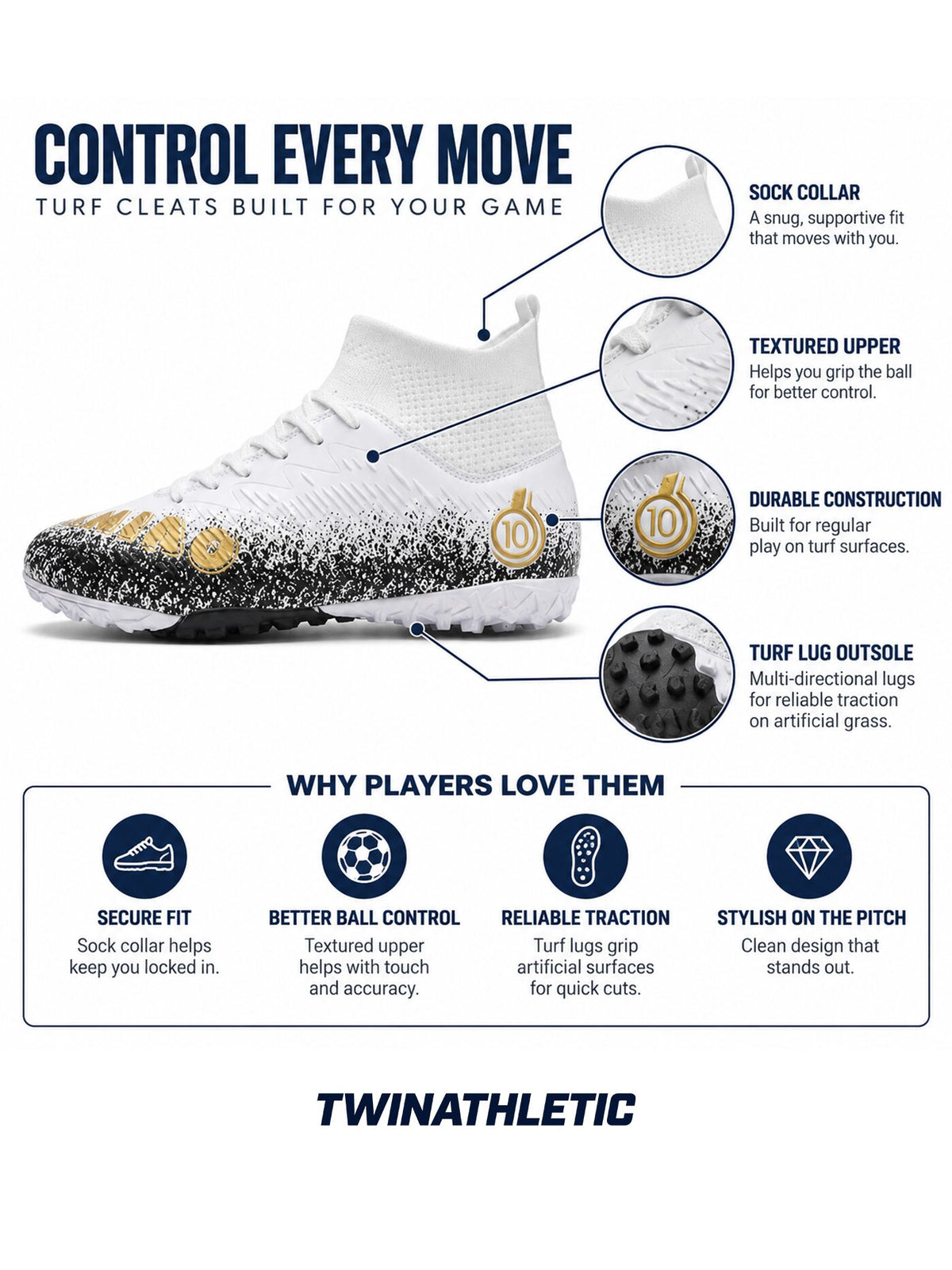 Soccer Turf Cleats with Sock Collar and Lugs