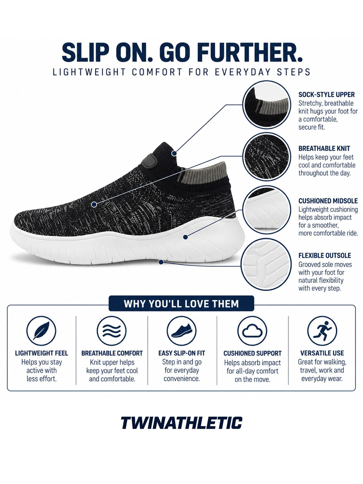 Sock-Style Slip-On Walking Shoes with Cushioned Sole