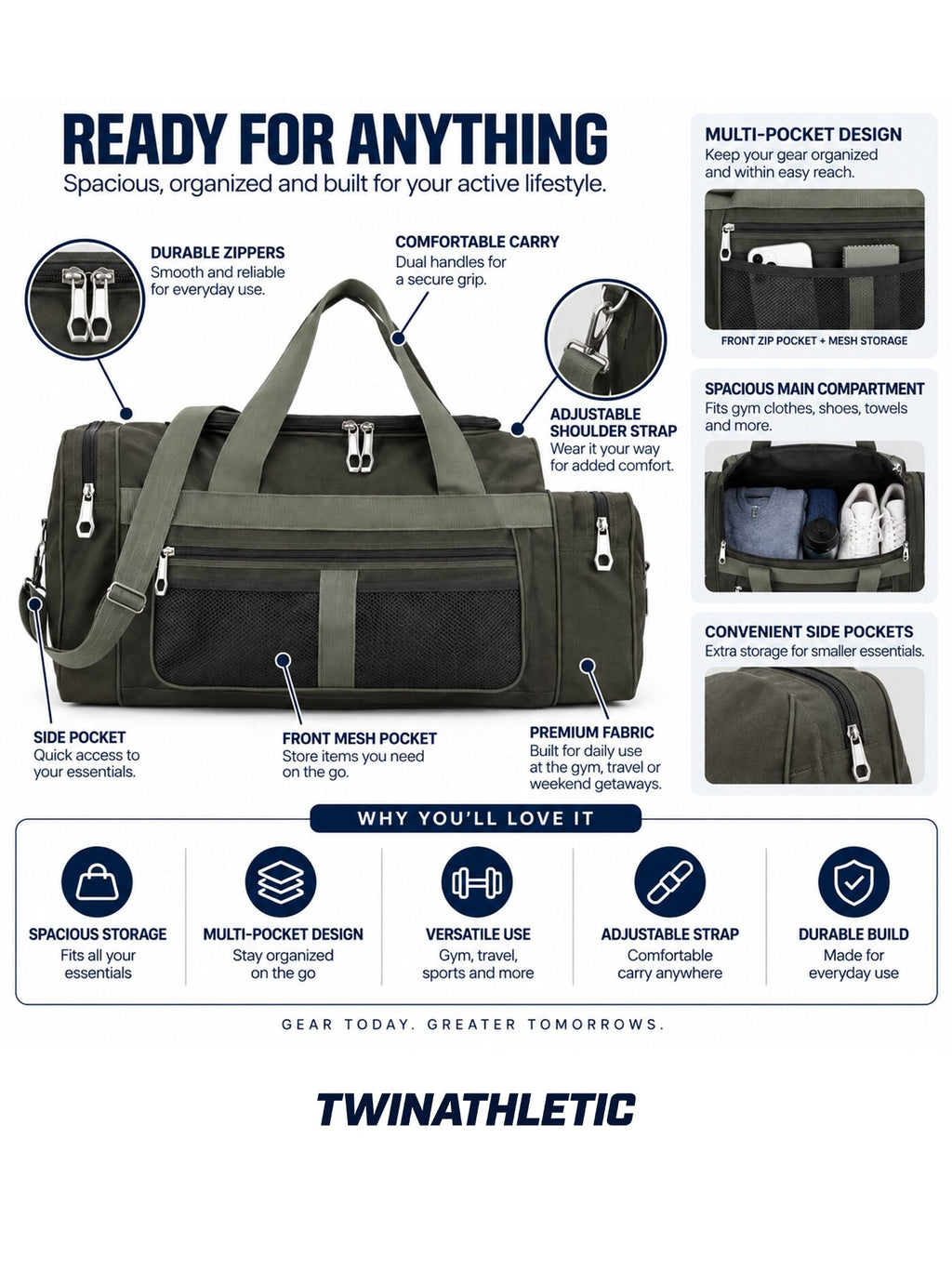 Sports Duffel Bag with Shoulder Strap and Multi Pockets