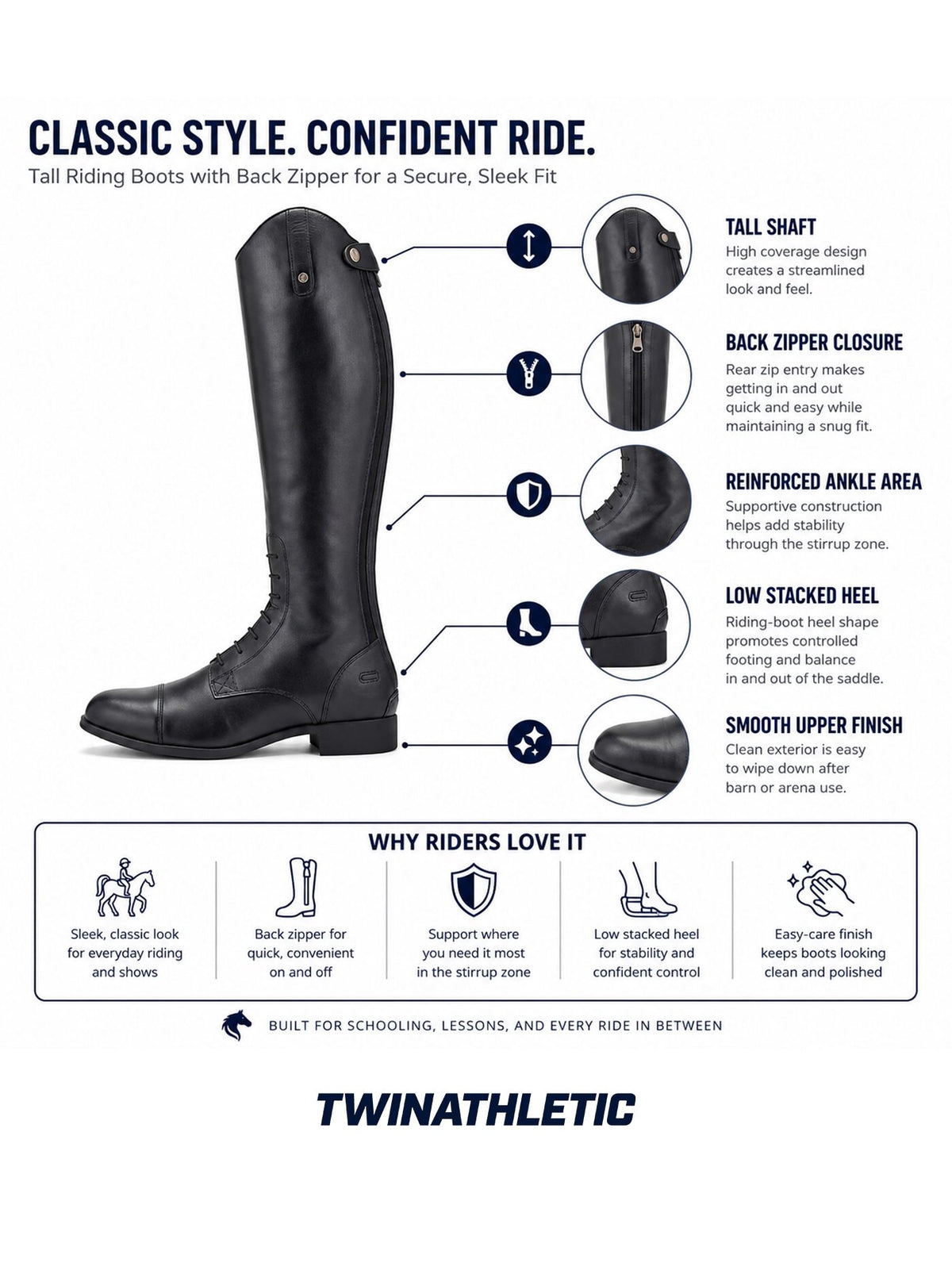 Tall Equestrian Riding Boots with Back Zipper