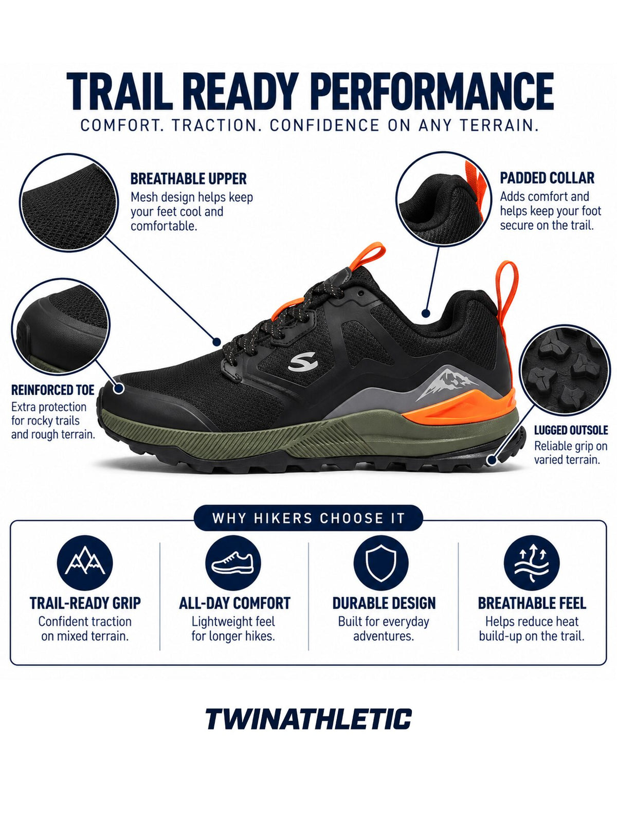 Trail-Ready Hiking Shoes with Lugged Grip Outsole