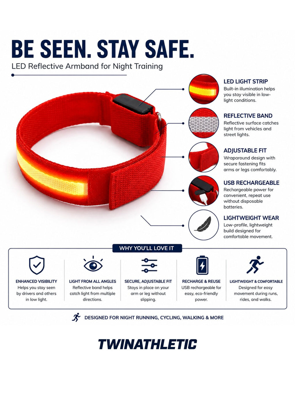 USB Rechargeable LED Reflective Armband for Night Running